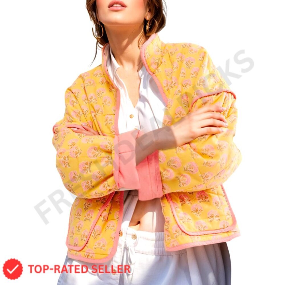 Floral Quilted Puffer Jacket Lightweight Cropped Button Down Winter Coat